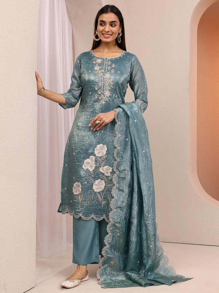 Libas Blue Embroidered Organza Straight Suit Set With Dupatta