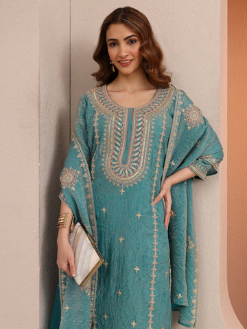 Libas Blue Embroidered Organza Straight Suit Set With Dupatta
