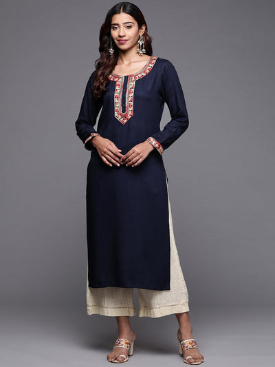Blue Embroidered Pashmina Wool Straight Kurta - Libas