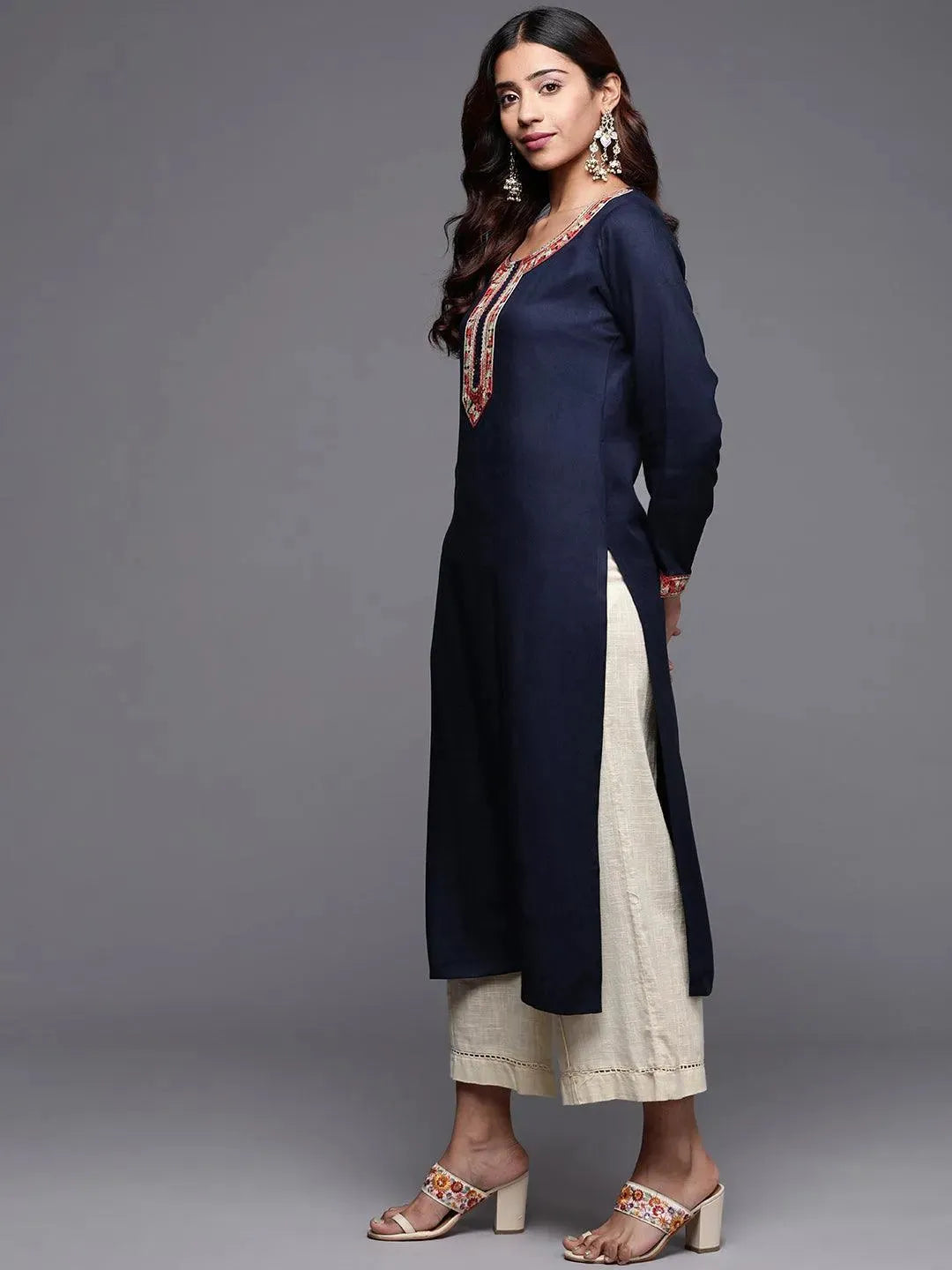 Blue Embroidered Pashmina Wool Straight Kurta - Libas 