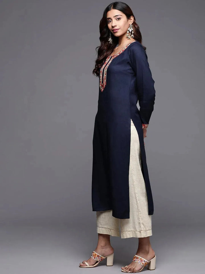 Blue Embroidered Pashmina Wool Straight Kurta - Libas