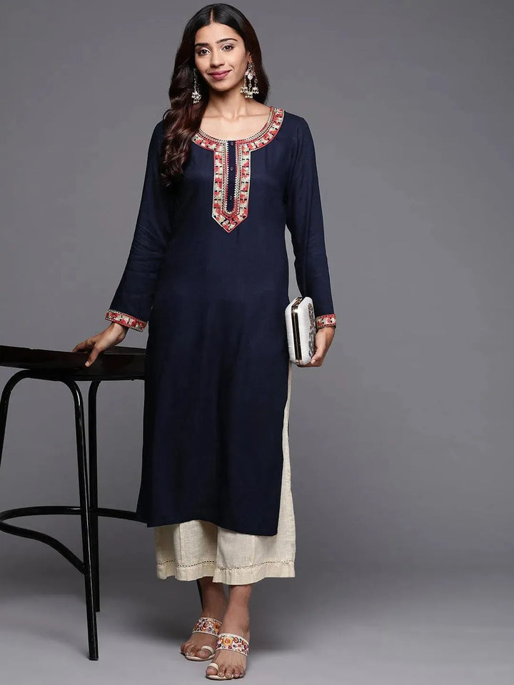Blue Embroidered Pashmina Wool Straight Kurta - Libas
