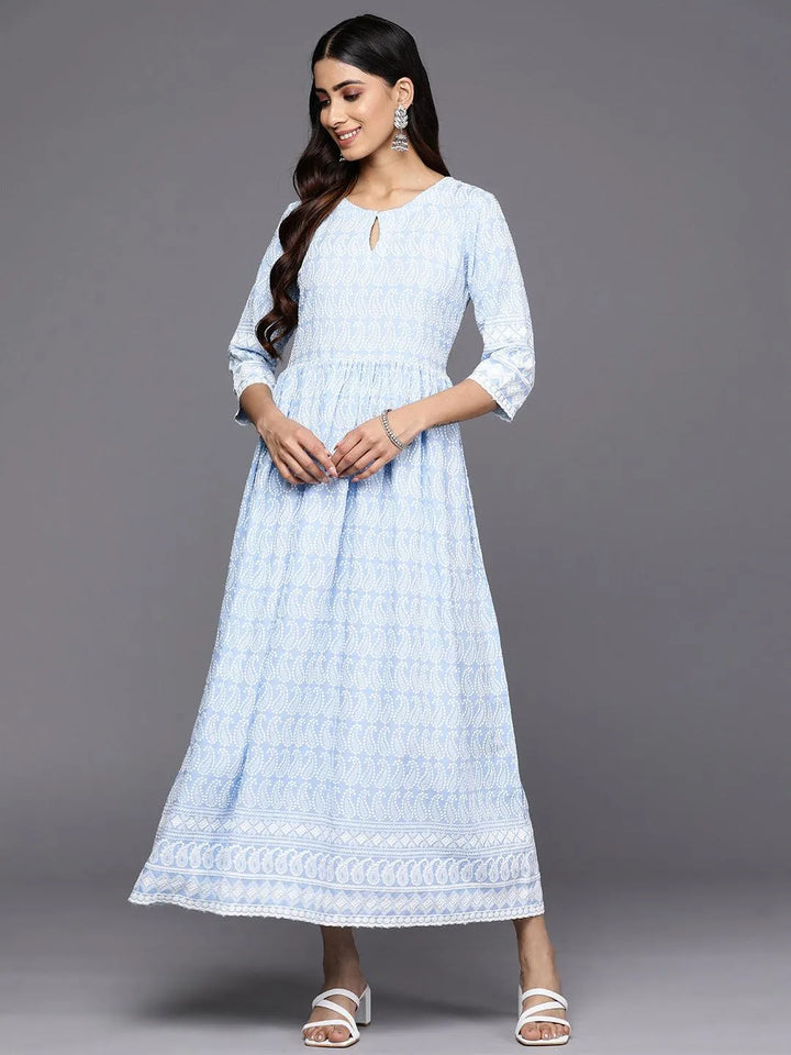 Blue Embroidered Rayon Fit and Flare Dress - Libas