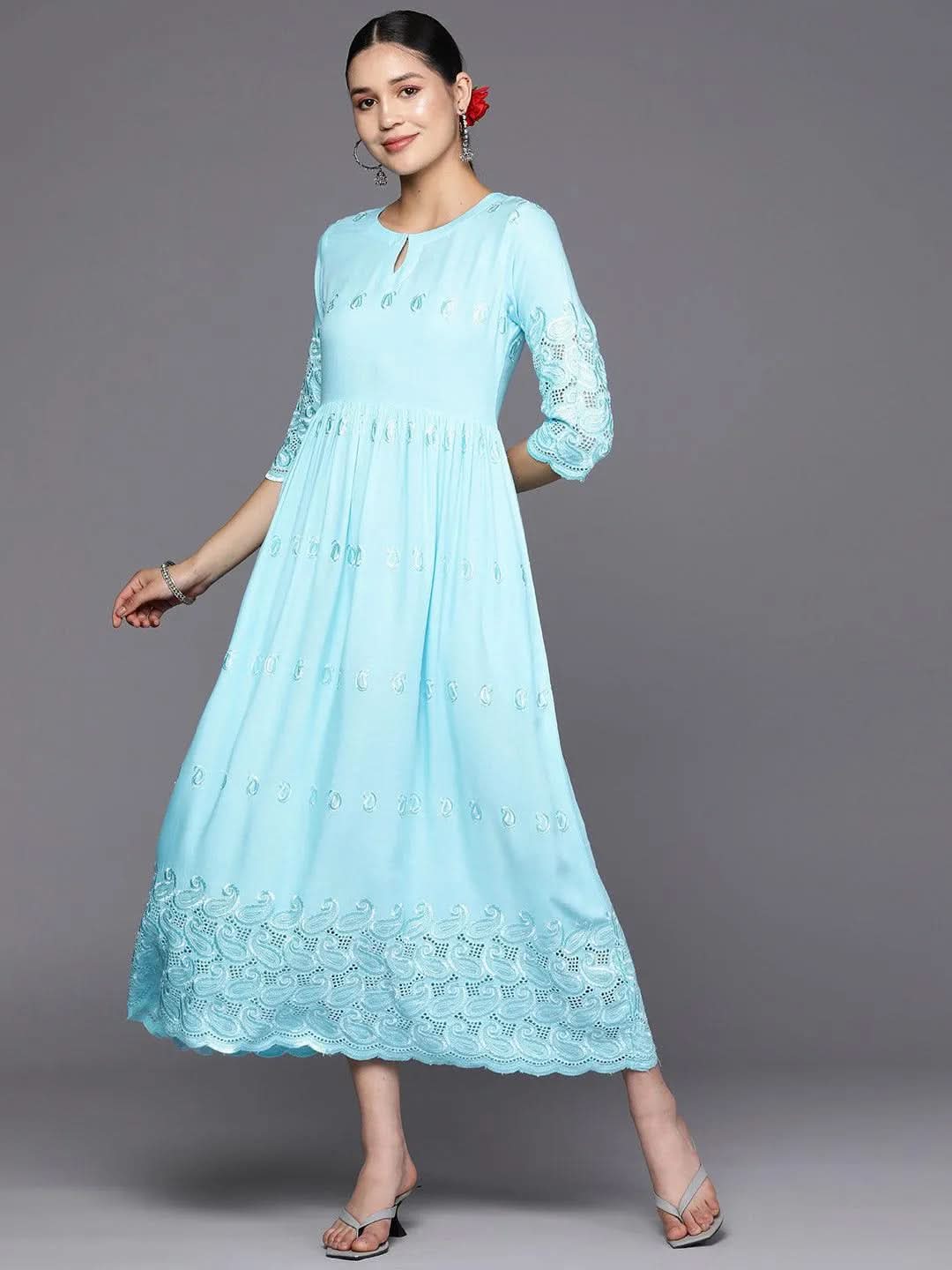

Blue Embroidered Rayon Fit and Flare Dress