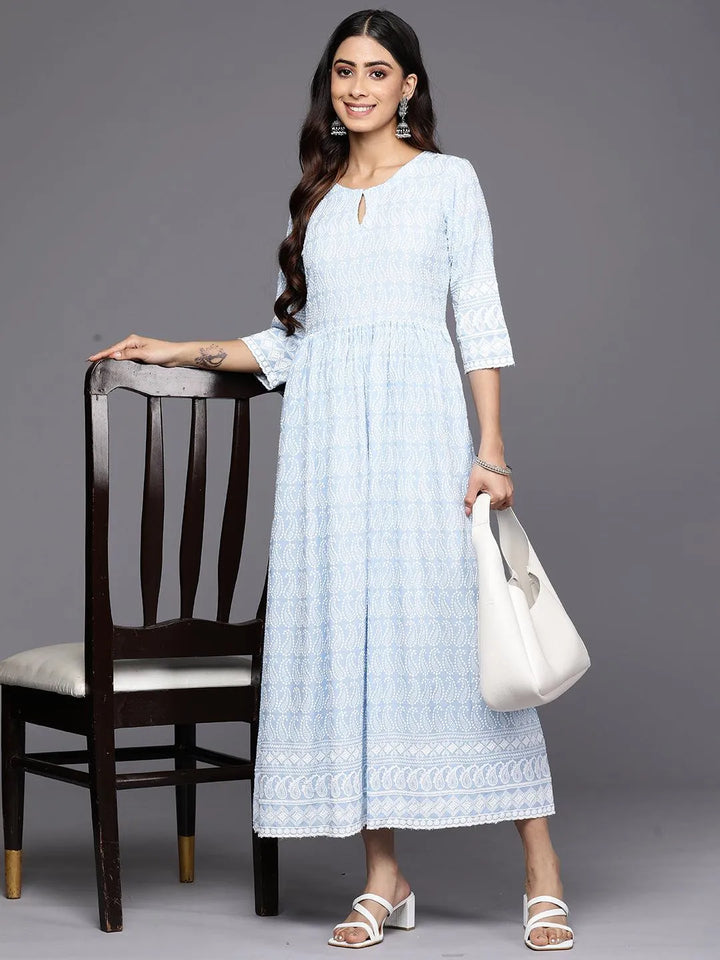 Blue Embroidered Rayon Fit and Flare Dress - Libas