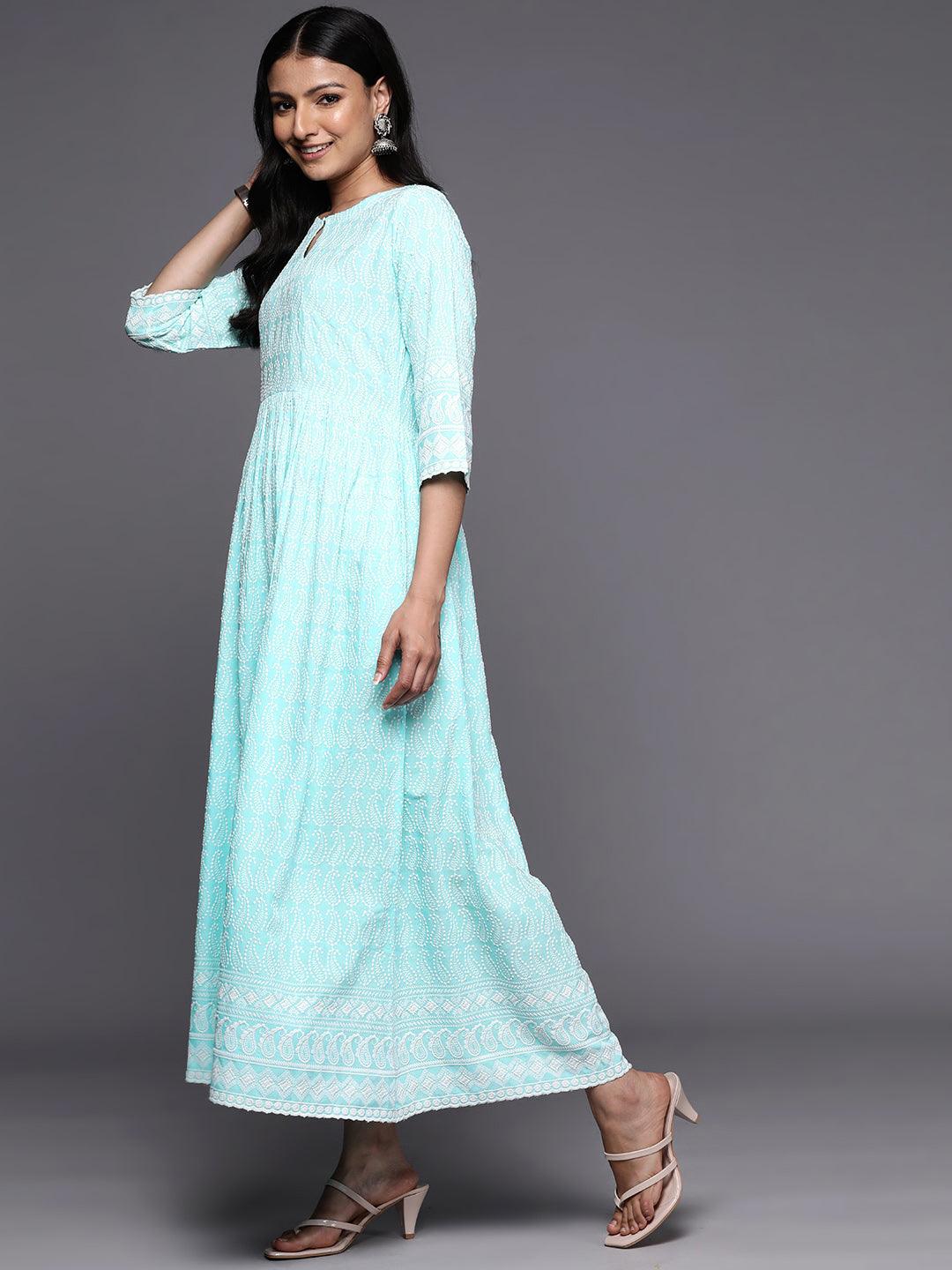 Blue Embroidered Rayon Fit and Flare Dress