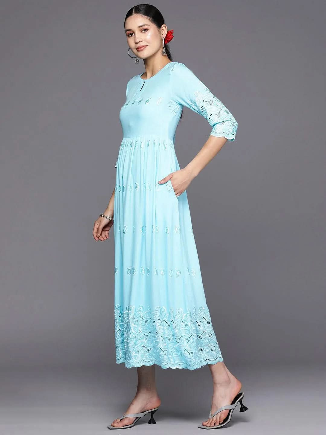 Blue Embroidered Rayon Fit and Flare Dress - Libas 