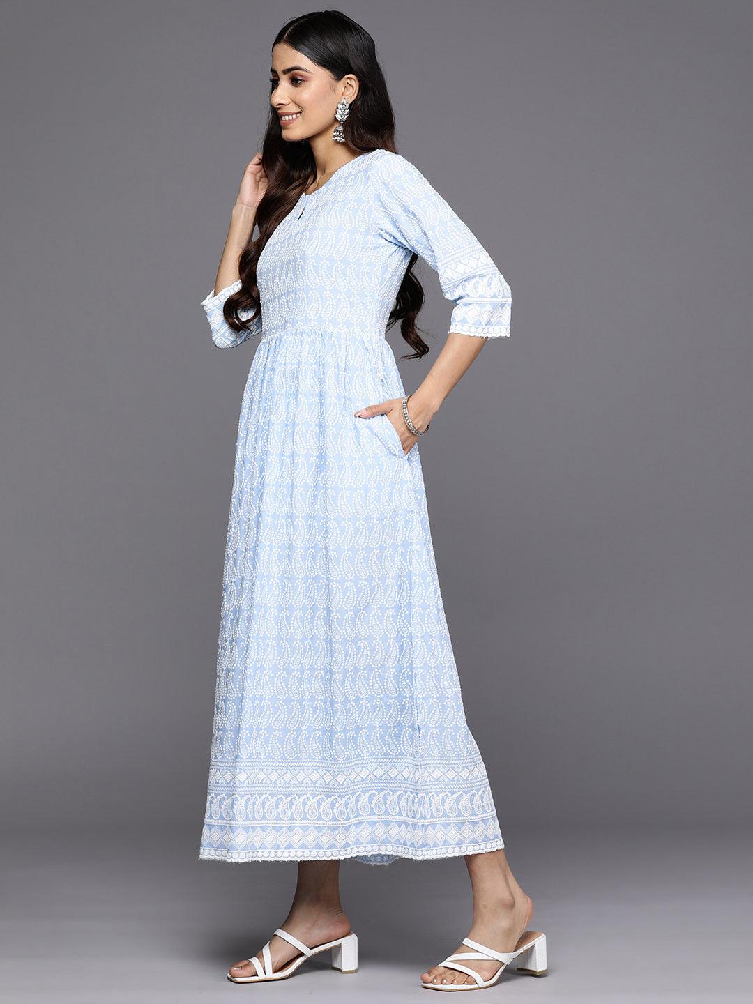 Blue Embroidered Rayon Fit and Flare Dress