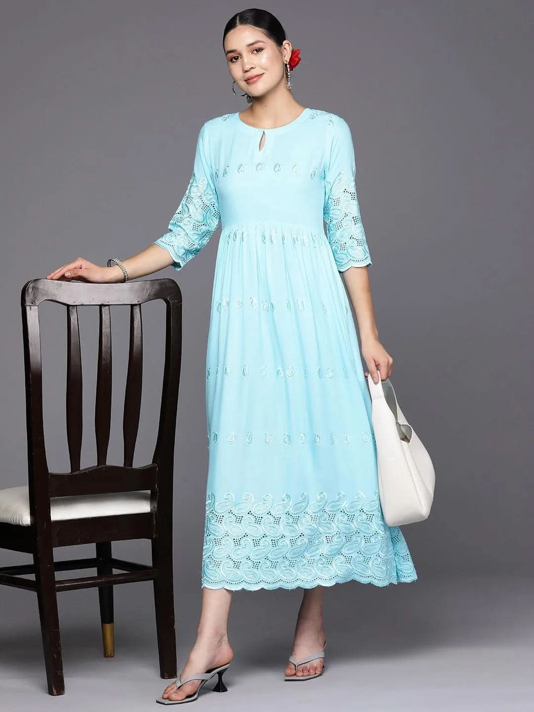 Blue Embroidered Rayon Fit and Flare Dress - Libas 