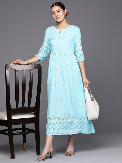 Blue Embroidered Rayon Fit and Flare Dress - Libas
