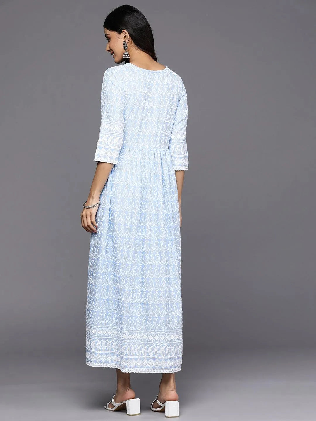 Blue Embroidered Rayon Fit and Flare Dress - Libas 