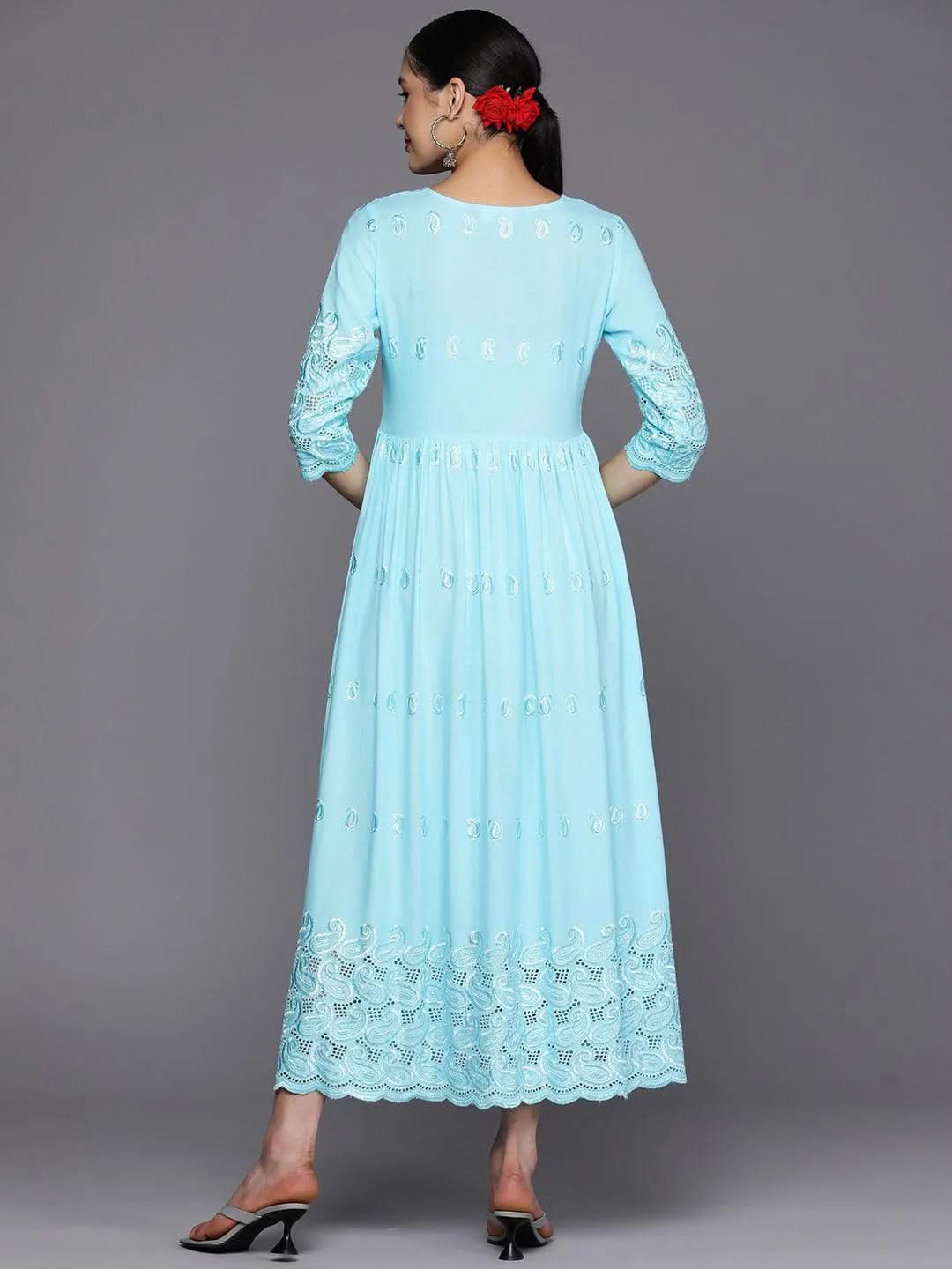 Blue Embroidered Rayon Fit and Flare Dress - Libas 