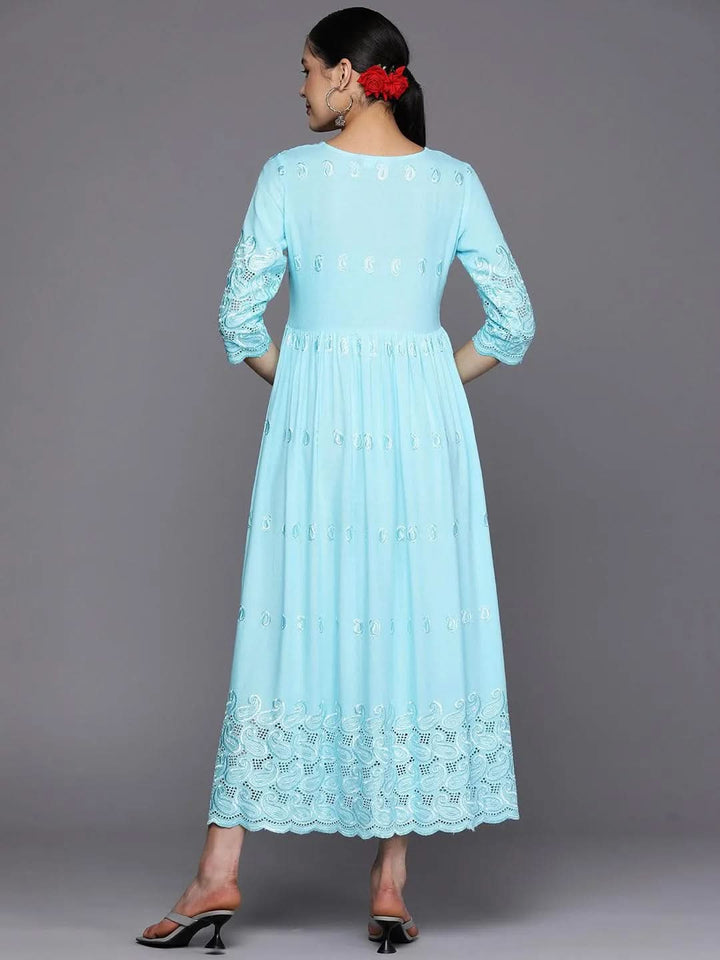 Blue Embroidered Rayon Fit and Flare Dress - Libas
