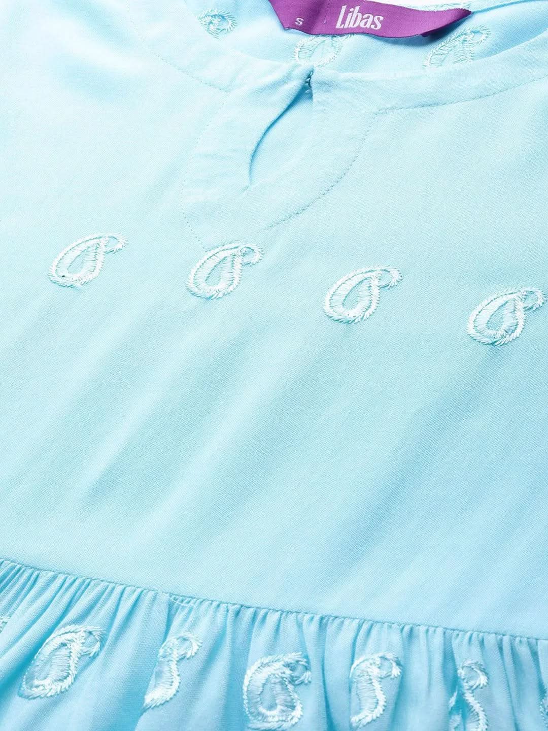 Blue Embroidered Rayon Fit and Flare Dress - Libas 