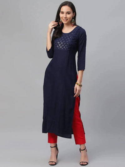 Blue Embroidered Rayon Kurta - Libas