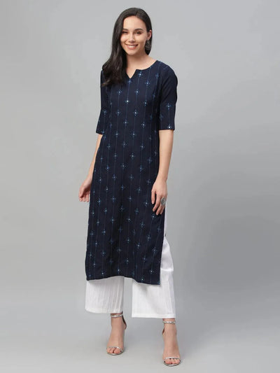 Blue Embroidered Rayon Kurta - Libas