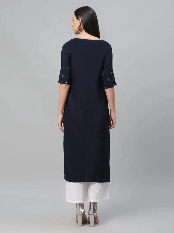 Blue Embroidered Rayon Kurta - Libas