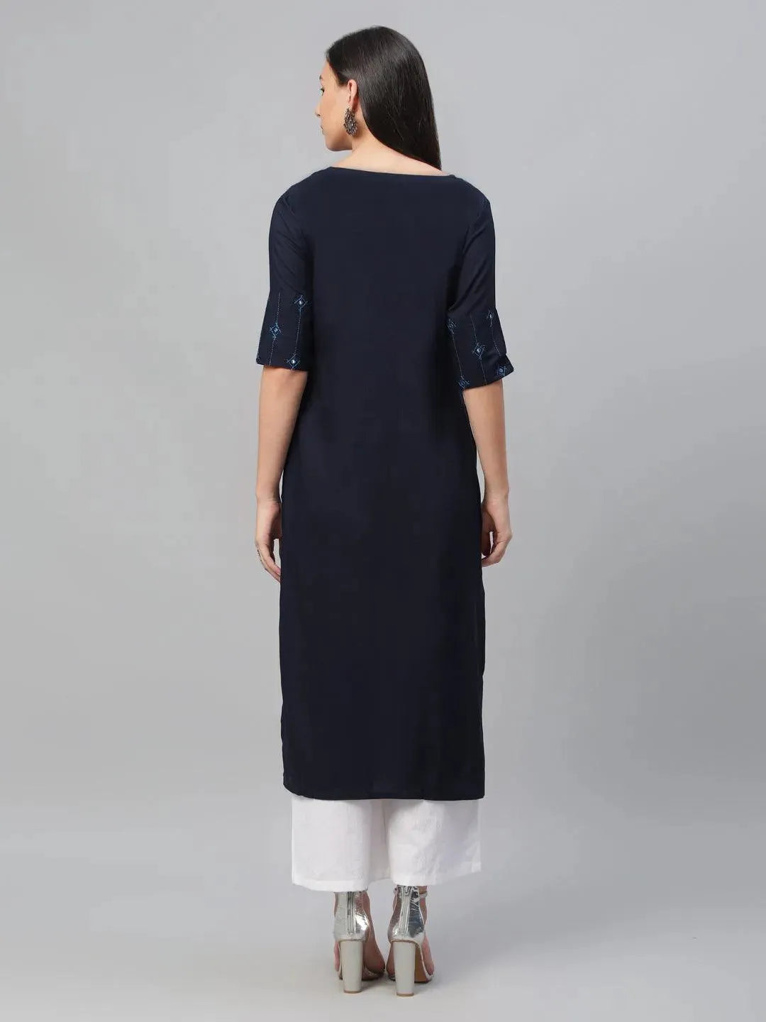 Blue Embroidered Rayon Kurta - Libas
