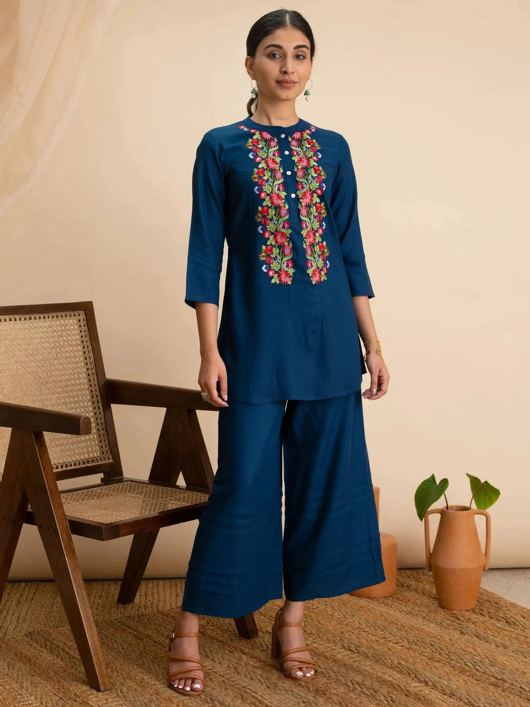 Blue Embroidered Rayon Kurti - Libas