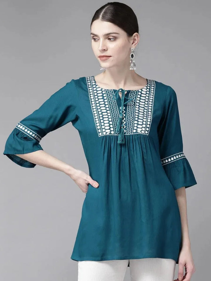 Blue Embroidered Rayon Kurti - Libas