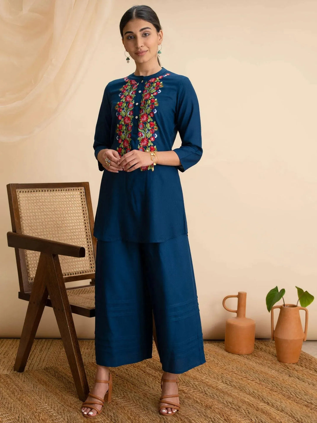 Blue Embroidered Rayon Kurti - Libas