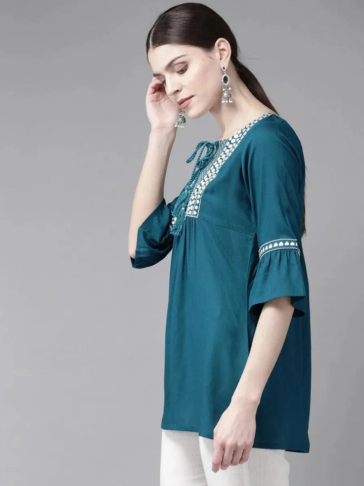 Blue Embroidered Rayon Kurti - Libas