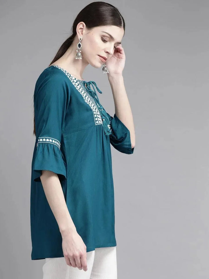 Blue Embroidered Rayon Kurti - Libas