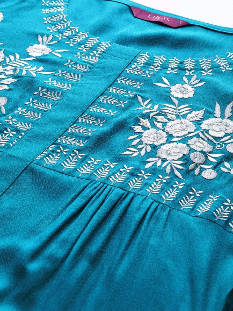 Blue Embroidered Rayon Kurti - Libas