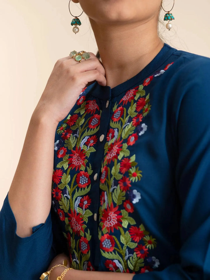 Blue Embroidered Rayon Kurti - Libas