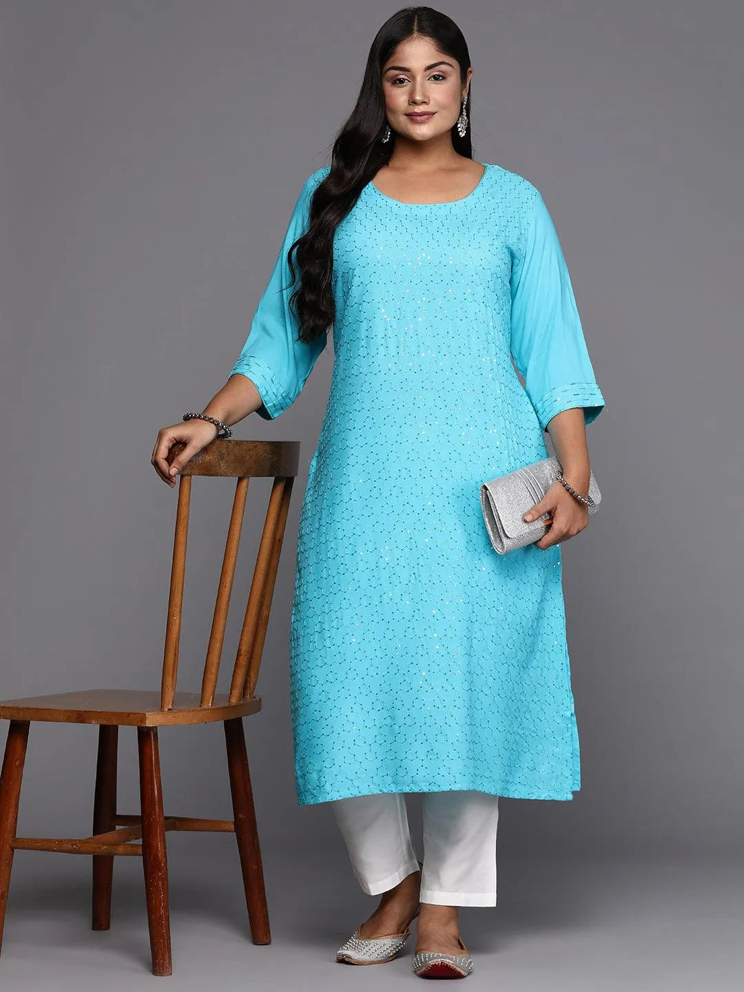 Blue Embroidered Rayon Straight Kurta - Libas