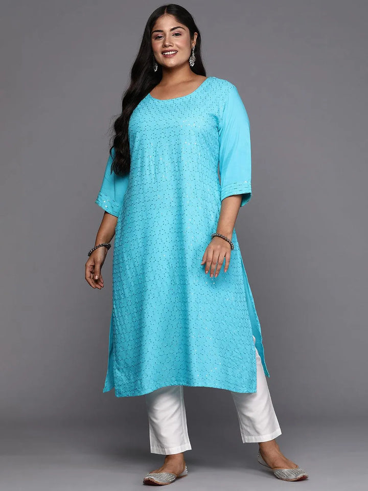 Blue Embroidered Rayon Straight Kurta - Libas