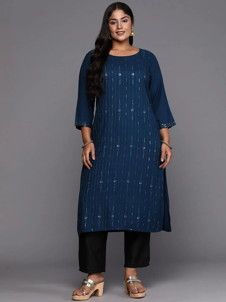 Blue Embroidered Rayon Straight Kurta - Libas