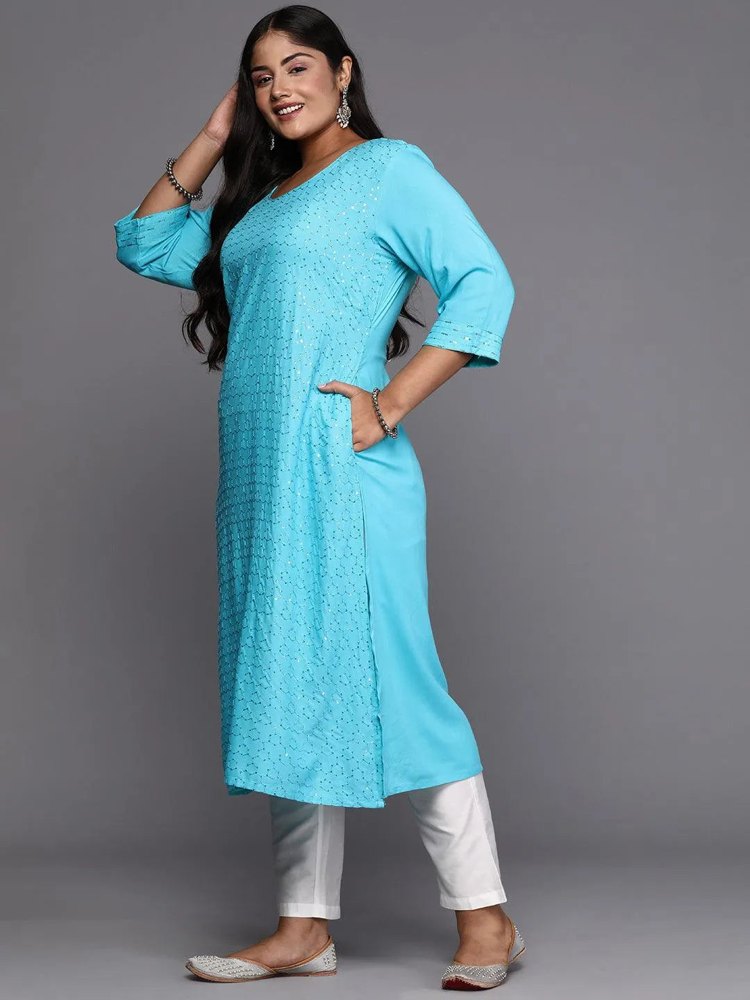 Blue Embroidered Rayon Straight Kurta - Libas