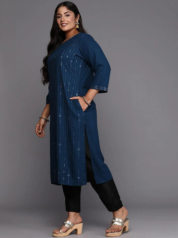 Blue Embroidered Rayon Straight Kurta - Libas