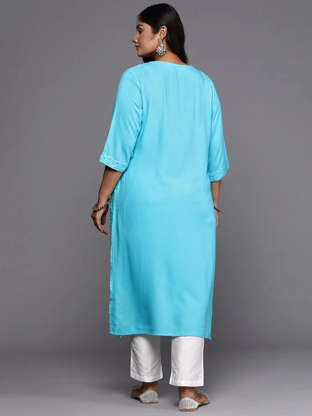 Blue Embroidered Rayon Straight Kurta - Libas