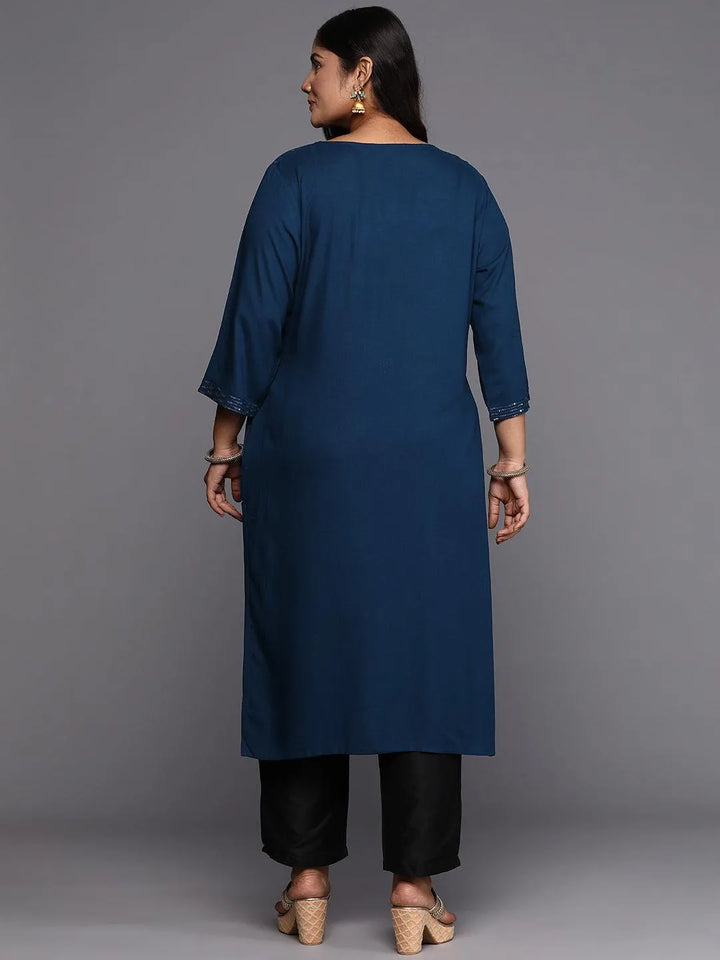 Blue Embroidered Rayon Straight Kurta - Libas