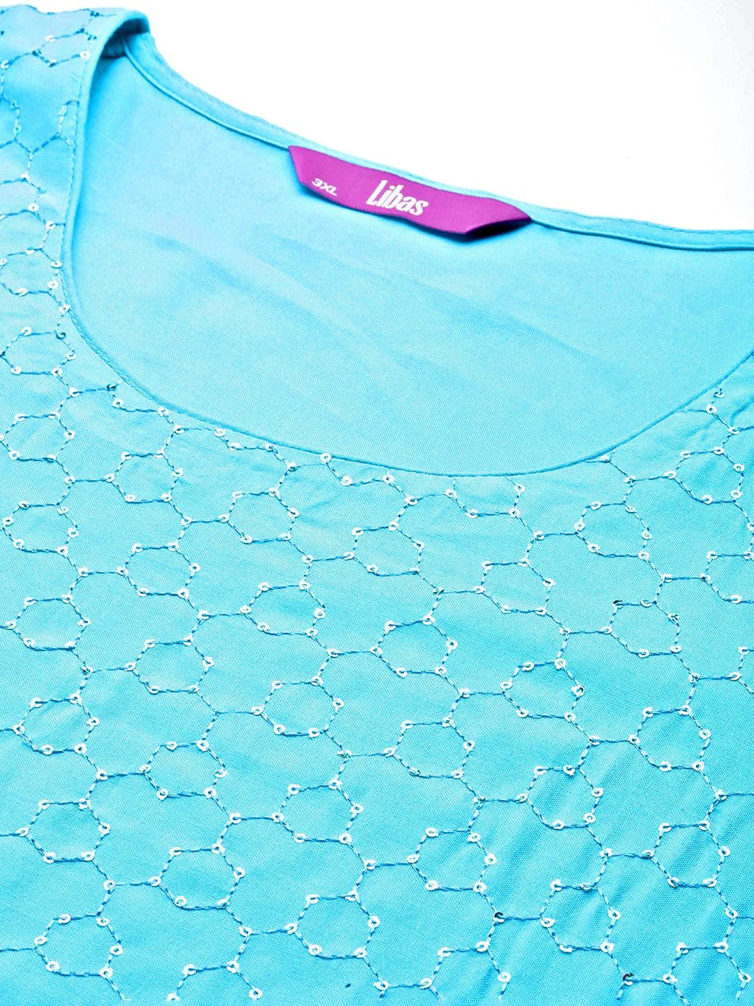 Blue Embroidered Rayon Straight Kurta - Libas 