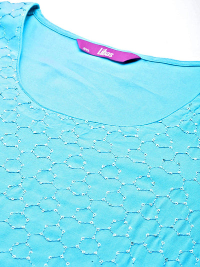 Blue Embroidered Rayon Straight Kurta - Libas