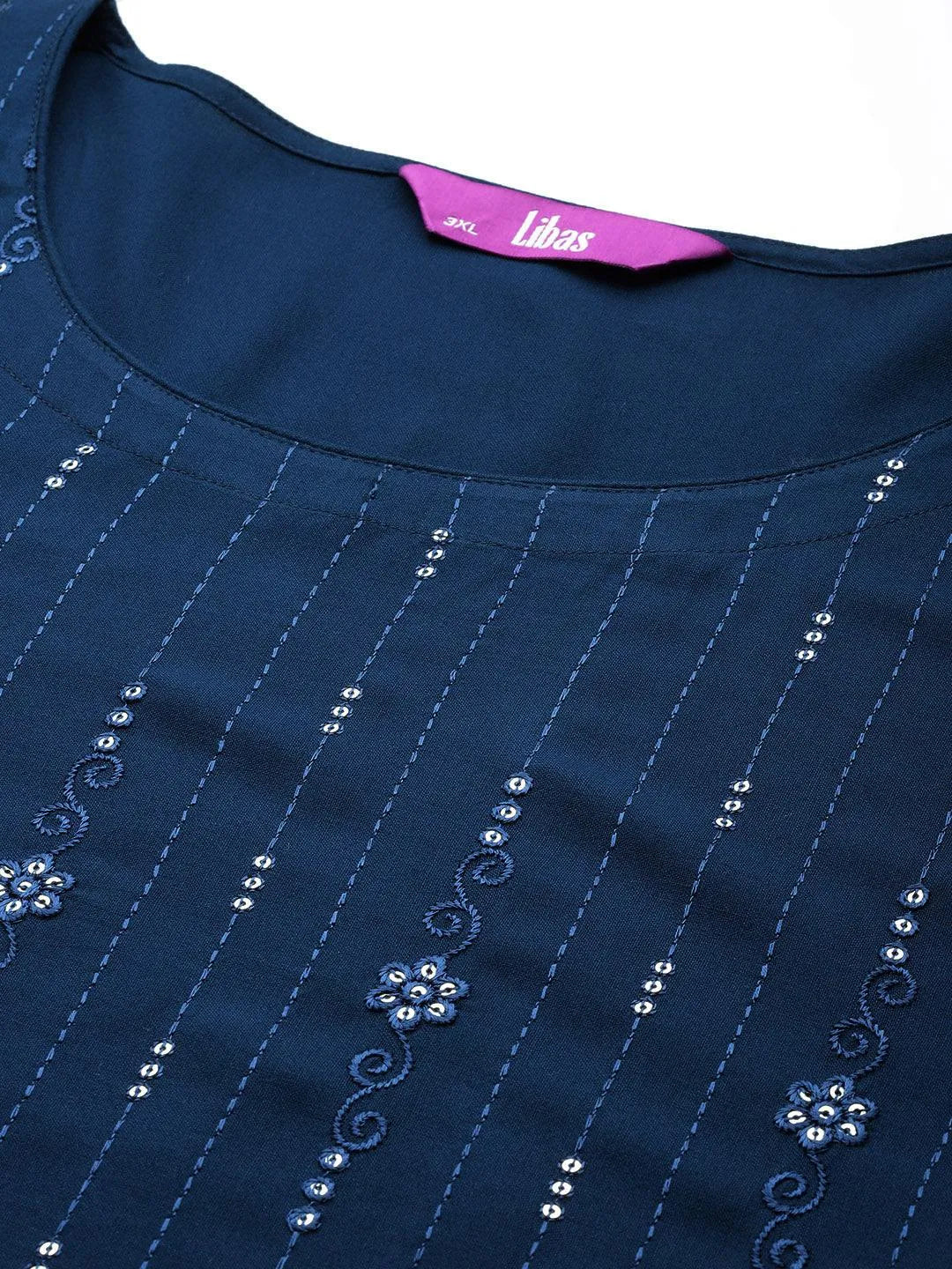 Blue Embroidered Rayon Straight Kurta - Libas 