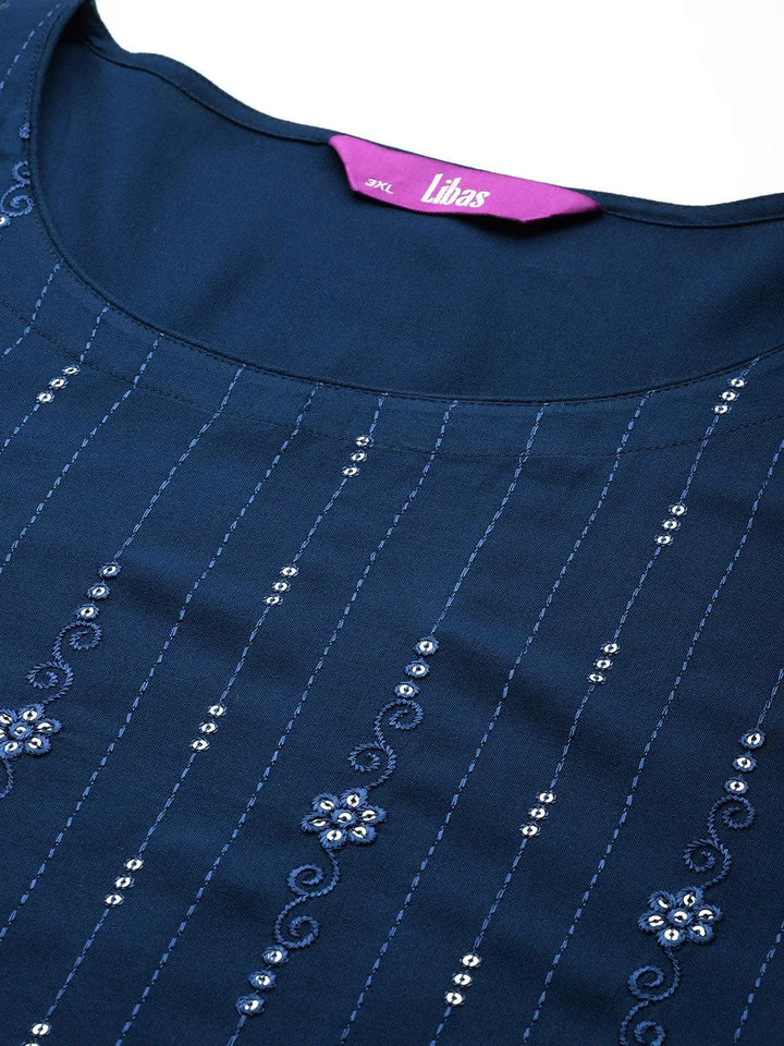 Blue Embroidered Rayon Straight Kurta - Libas