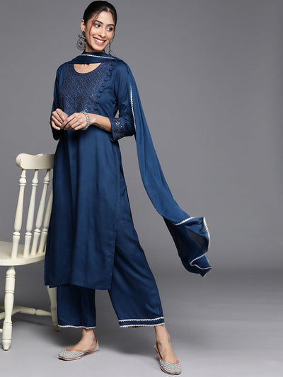 Blue Embroidered Viscose Rayon Suit Set - Libas