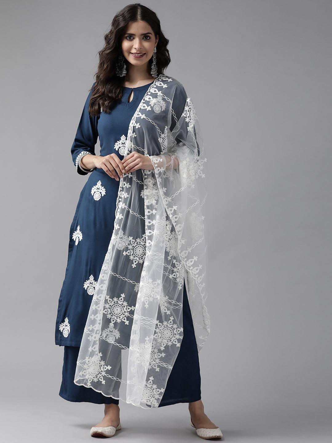 Blue Embroidered Rayon Suit Set - Libas