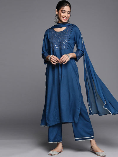 Blue Embroidered Viscose Rayon Suit Set - Libas