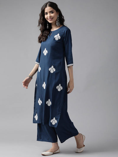 Blue Embroidered Rayon Suit Set - Libas