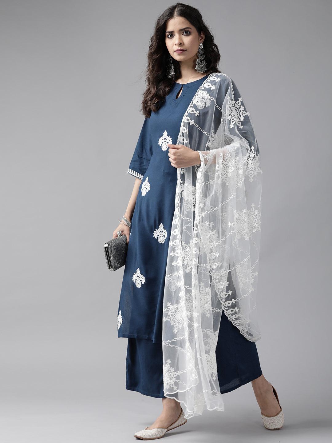 Blue Embroidered Viscose Rayon Suit Set - Libas