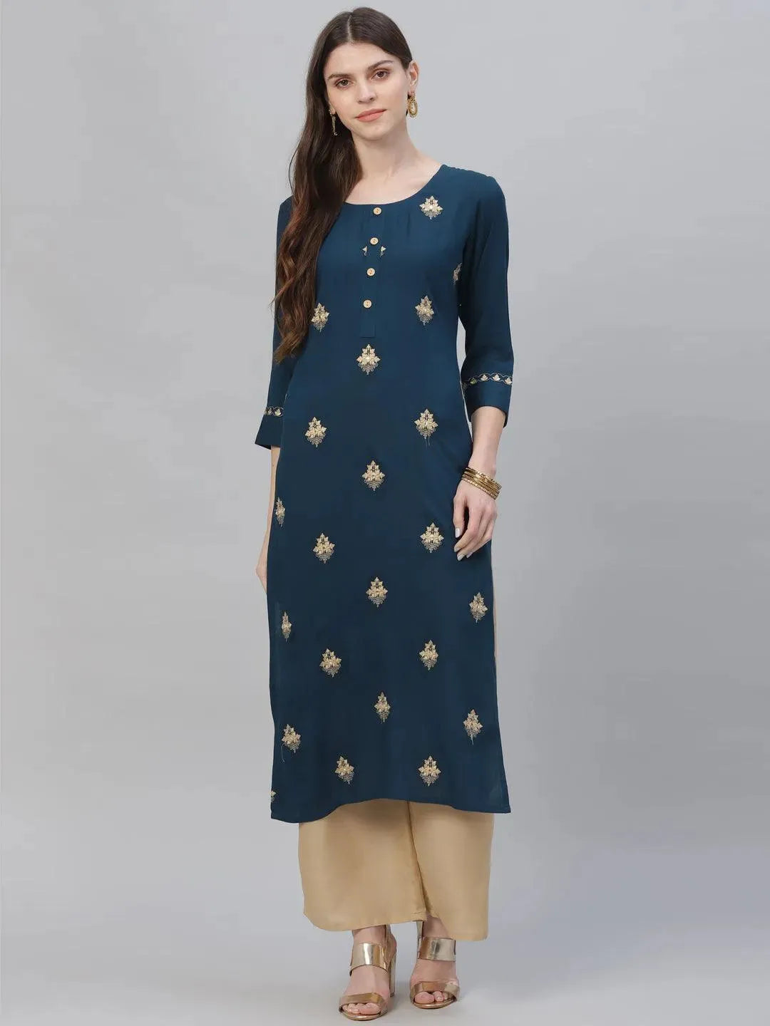 Blue Embroidered Rayon Kurta Set - Libas