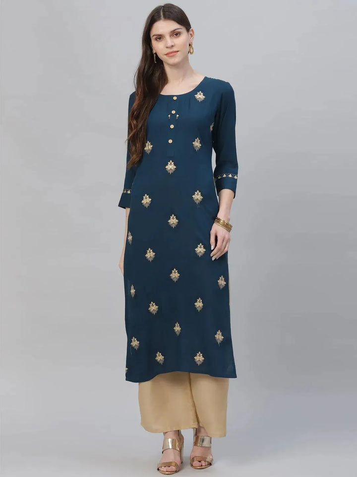 Blue Embroidered Rayon Kurta Set - Libas