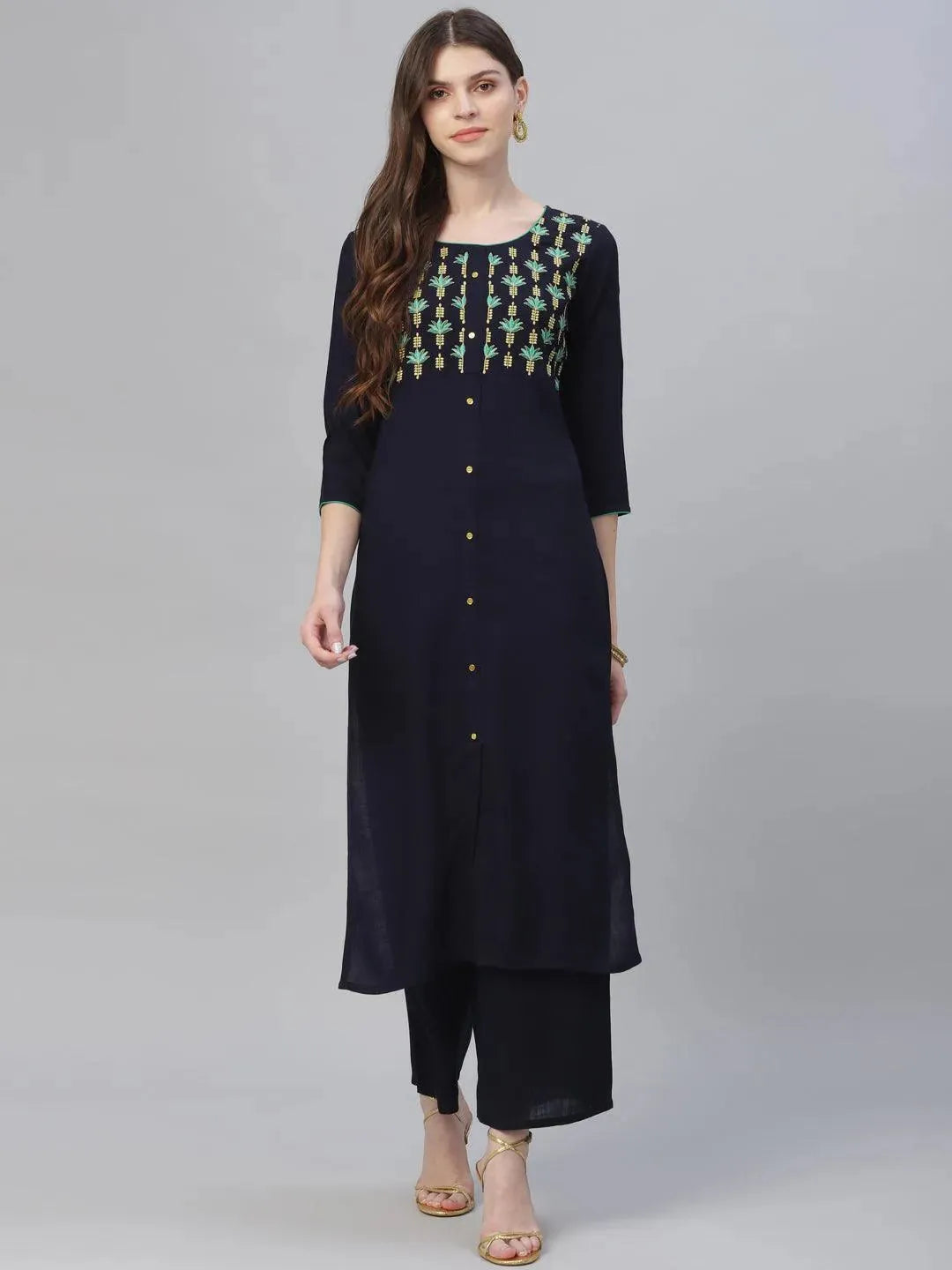 Blue Embroidered Rayon Kurta Set - Libas