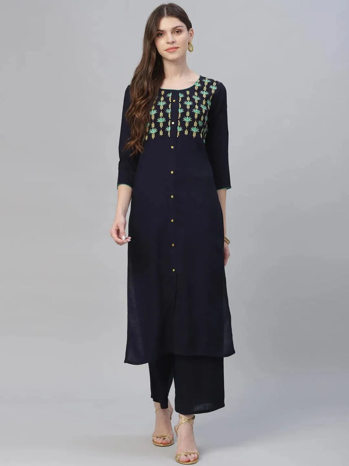 Blue Embroidered Rayon Kurta Set - Libas