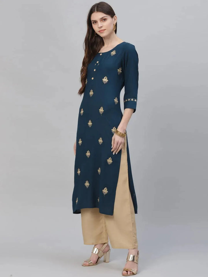Blue Embroidered Rayon Kurta Set - Libas